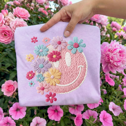 Faux Embroidery Floral Smiley Tee
