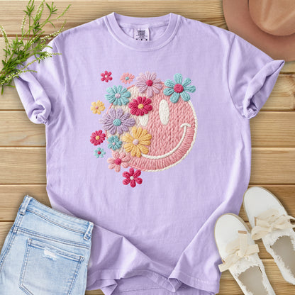 Faux Embroidery Floral Smiley Tee