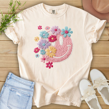 Faux Embroidery Floral Smiley Tee