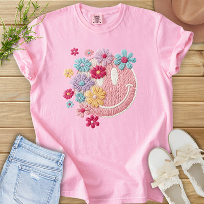 Faux Embroidery Floral Smiley Tee