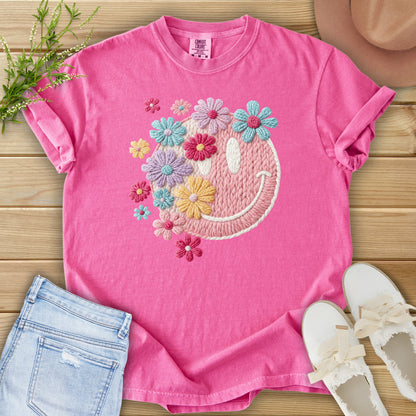 Faux Embroidery Floral Smiley Tee