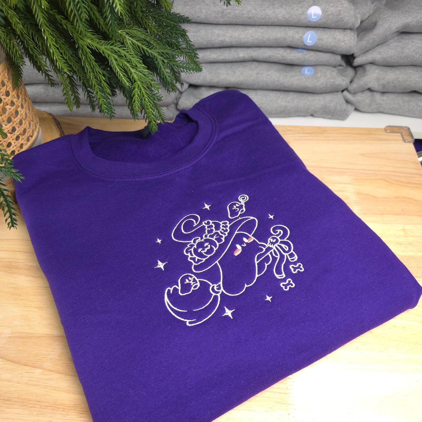 Embroidered Witchy Ghost on Broom Sweatshirt