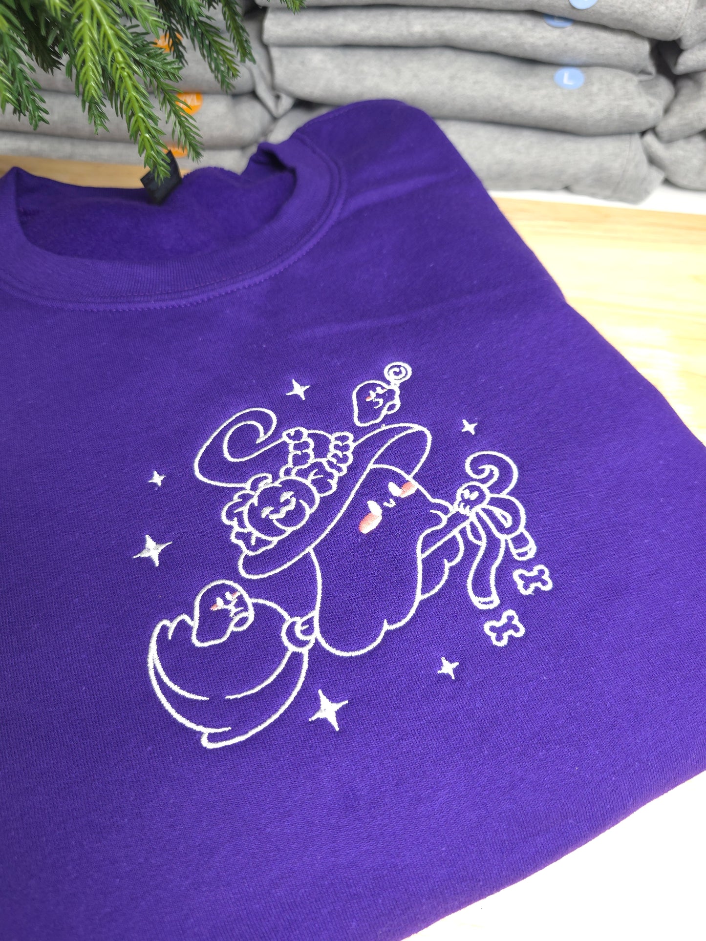 Embroidered Witchy Ghost on Broom Sweatshirt