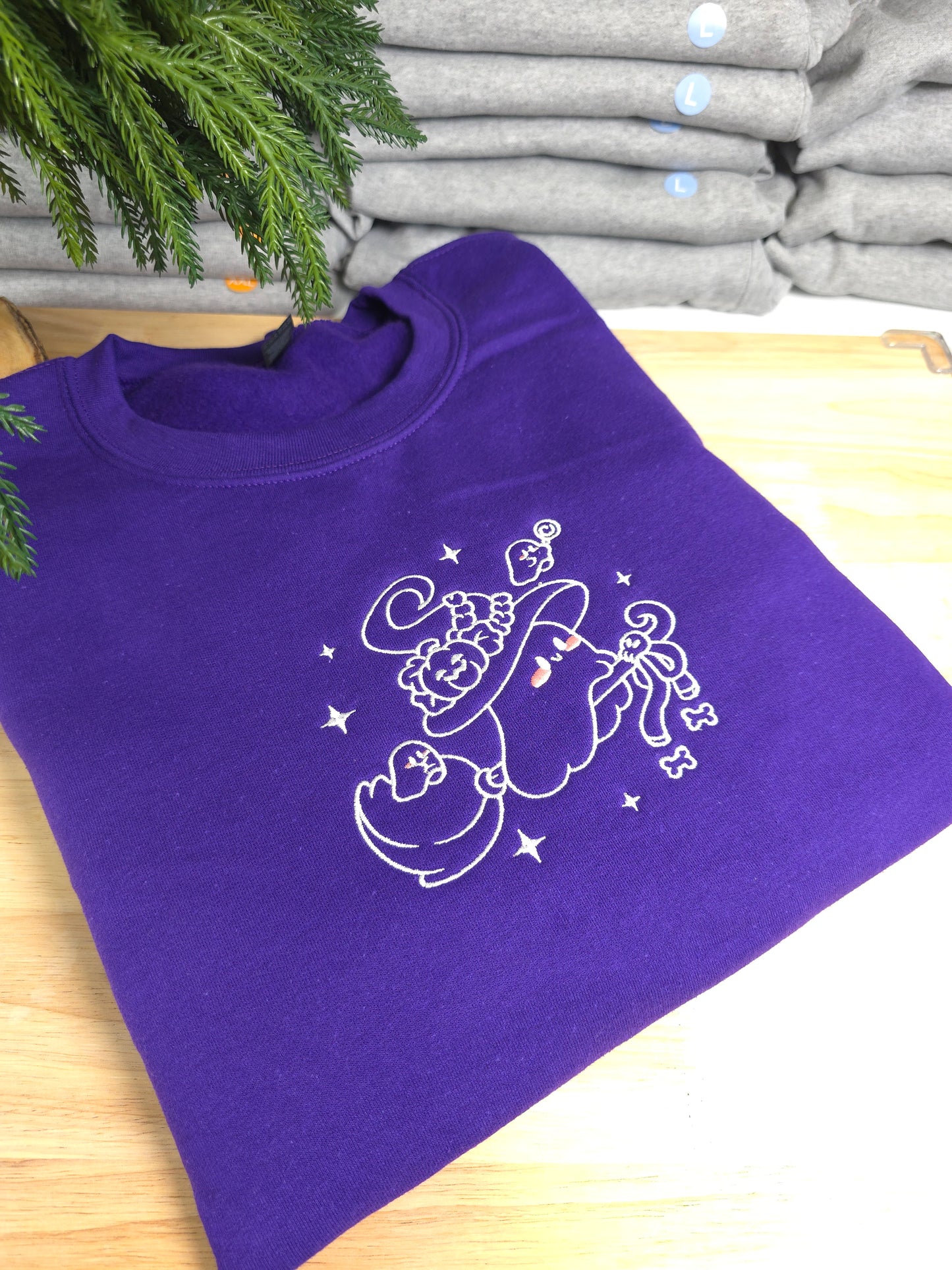 Embroidered Witchy Ghost on Broom Sweatshirt