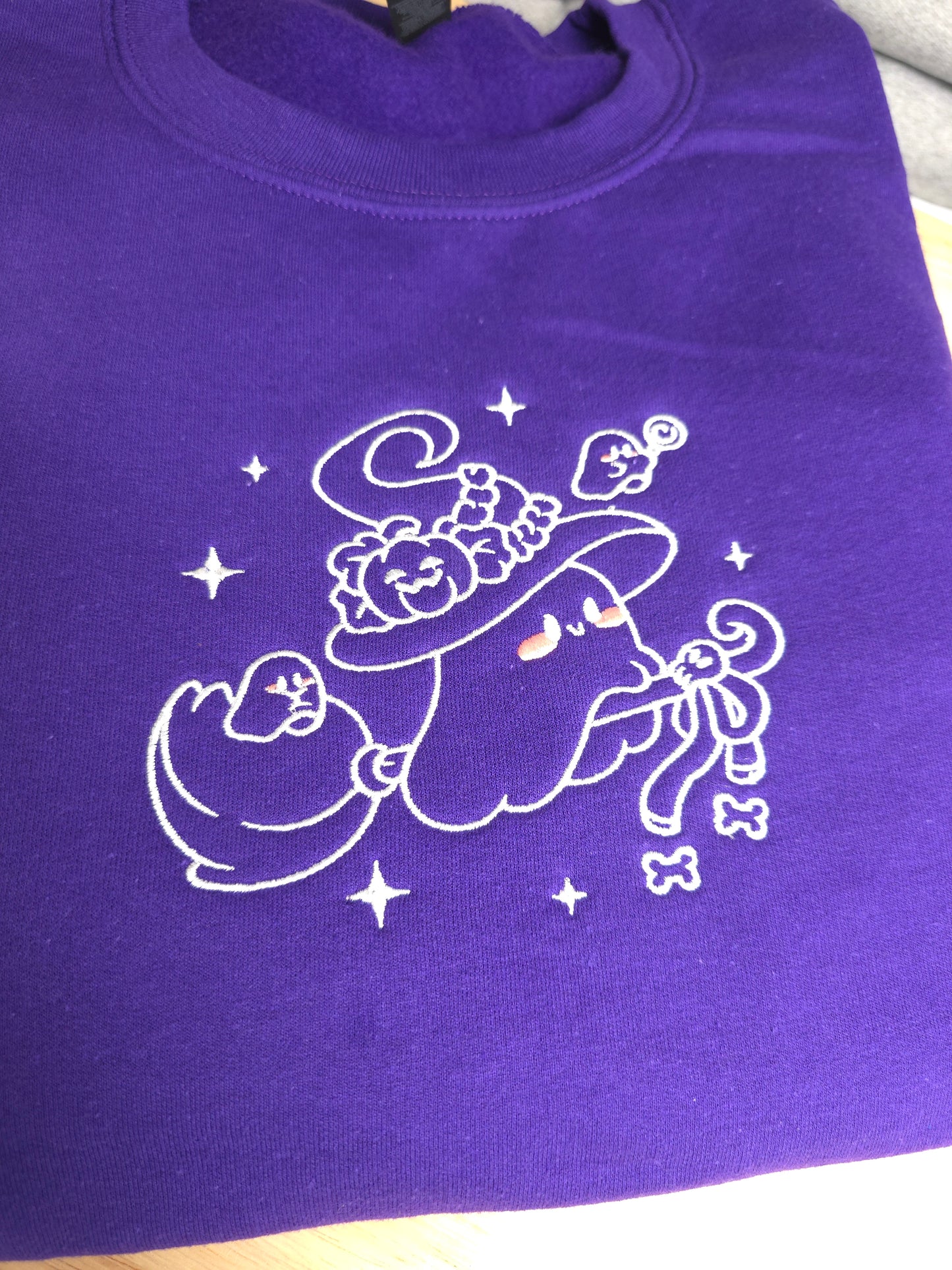 Embroidered Witchy Ghost on Broom Sweatshirt