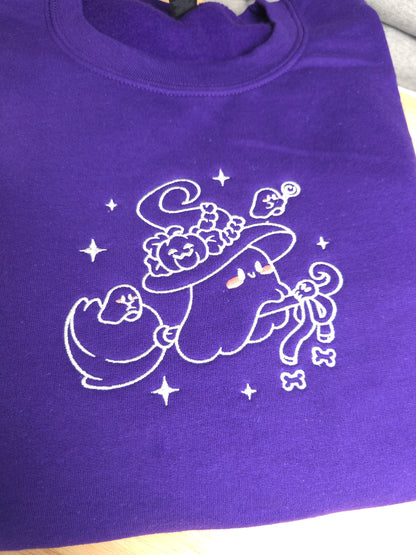 Embroidered Witchy Ghost on Broom Sweatshirt