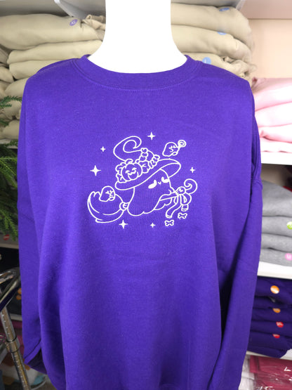 Embroidered Witchy Ghost on Broom Sweatshirt