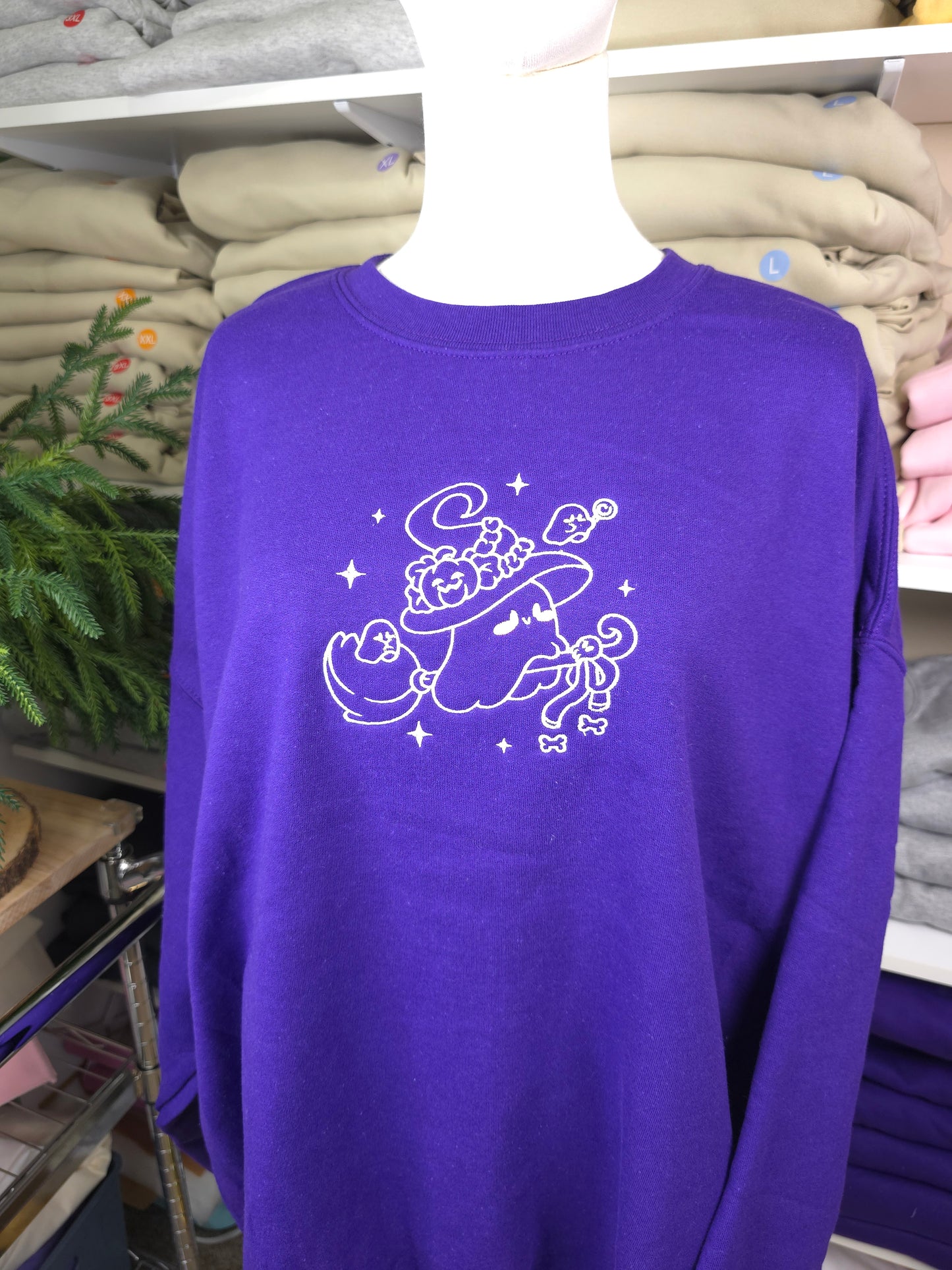 Embroidered Witchy Ghost on Broom Sweatshirt