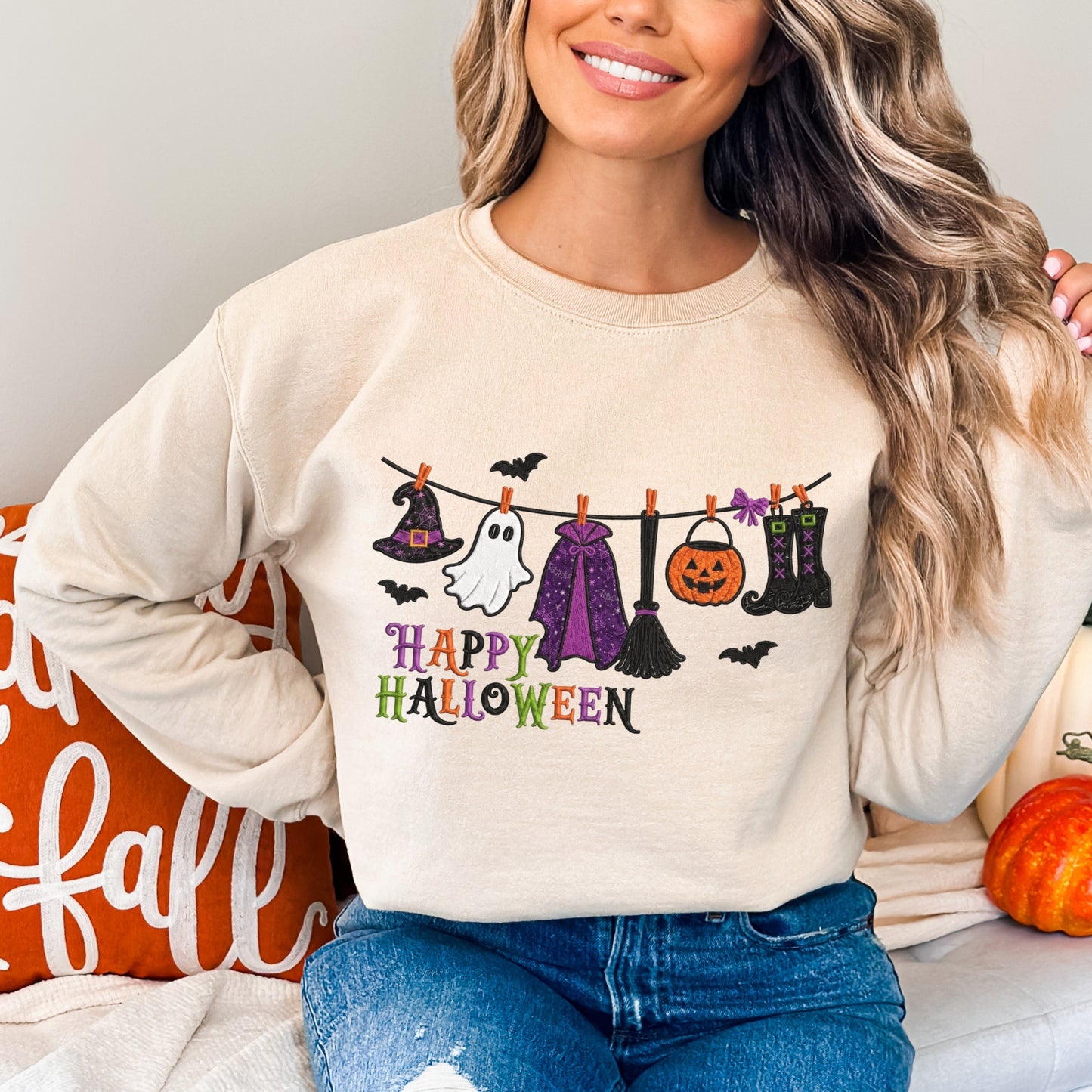 Faux Embroidery Hung Up on Halloween Sweatshirt