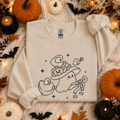 Embroidered Witchy Ghost on Broom Sweatshirt