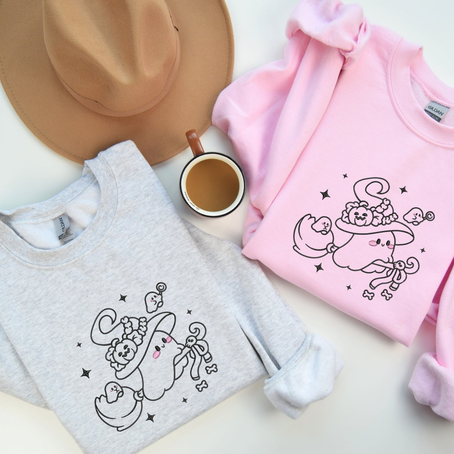 Embroidered Witchy Ghost on Broom Sweatshirt