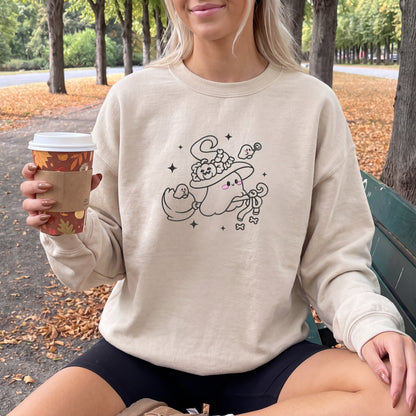 Embroidered Witchy Ghost on Broom Sweatshirt