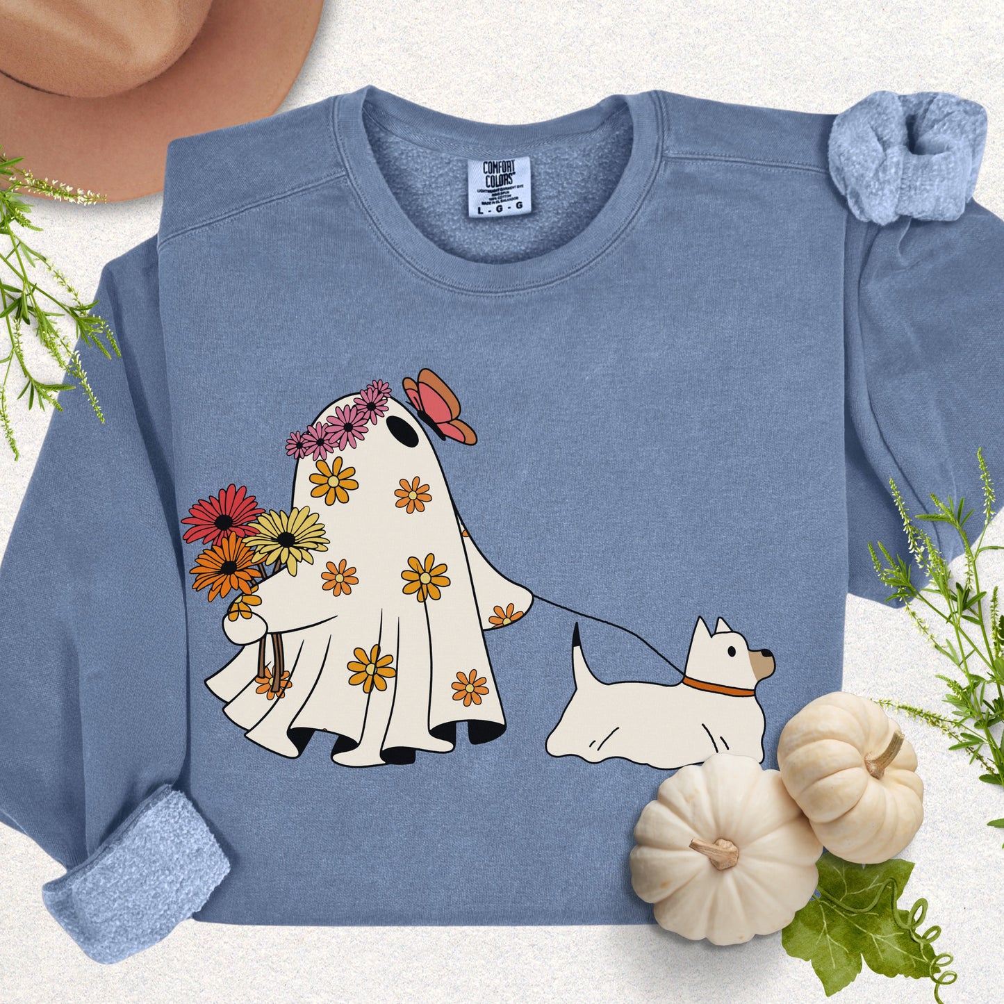 Whimsical Floral Ghost & Dog Lightweight Sweatshirt