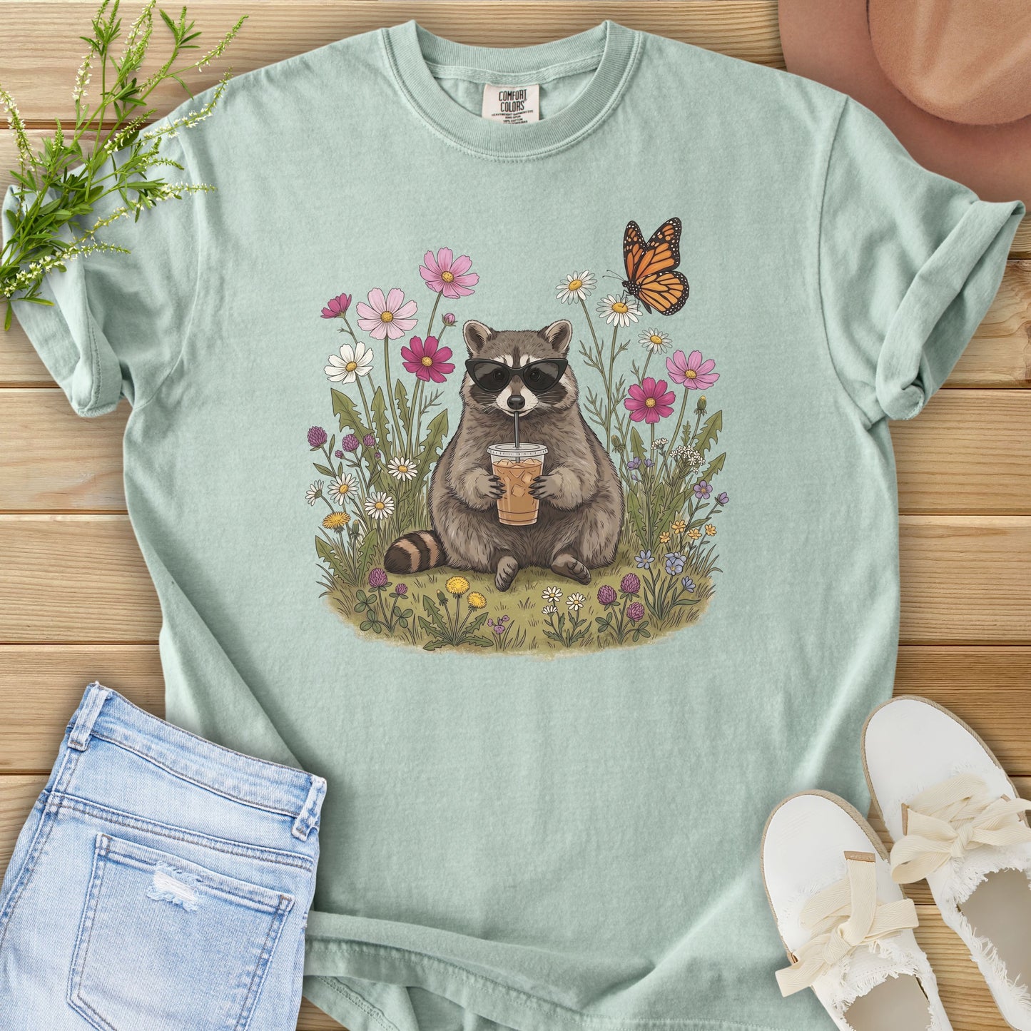 Iced Latte & Wildflowers Racoon Tee