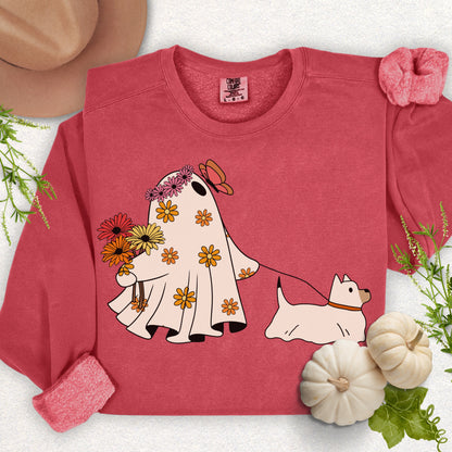 Whimsical Floral Ghost & Dog Lightweight Sweatshirt