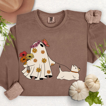 Whimsical Floral Ghost & Dog Lightweight Sweatshirt