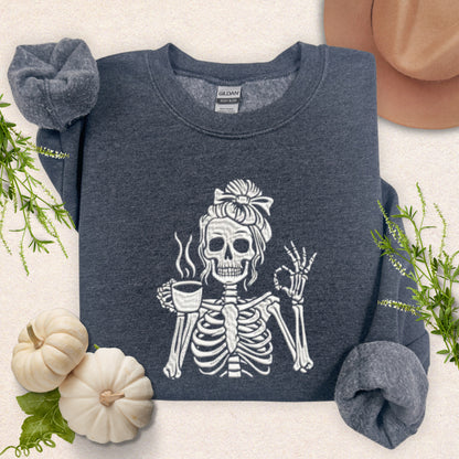 Embroidered Caffeinated & Unbothered Skeleton Sweatshirt