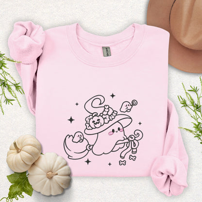 Embroidered Witchy Ghost on Broom Sweatshirt