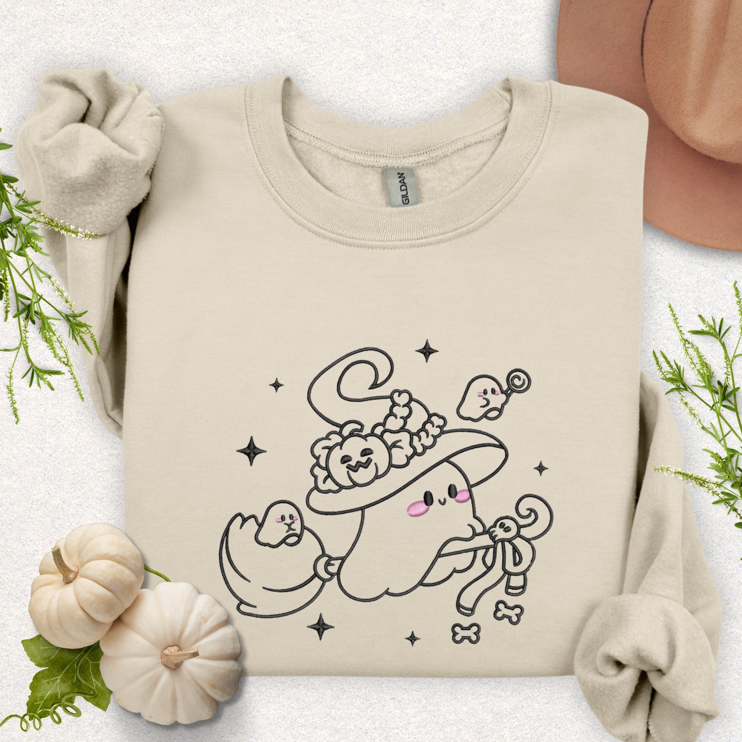 Embroidered Witchy Ghost on Broom Sweatshirt
