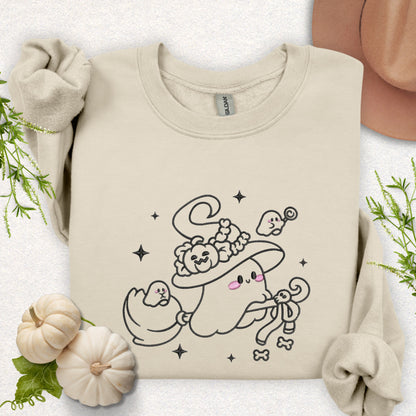 Embroidered Witchy Ghost on Broom Sweatshirt