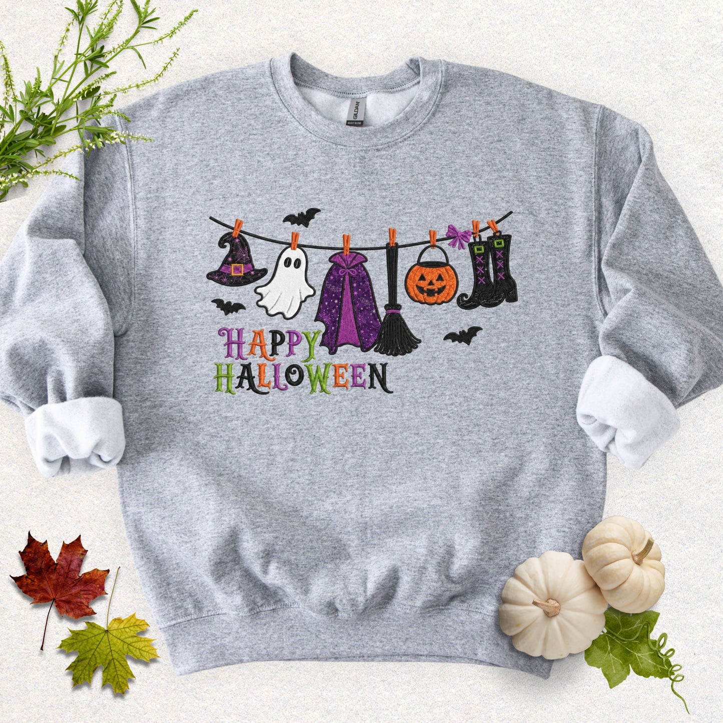 Faux Embroidery Hung Up on Halloween Sweatshirt
