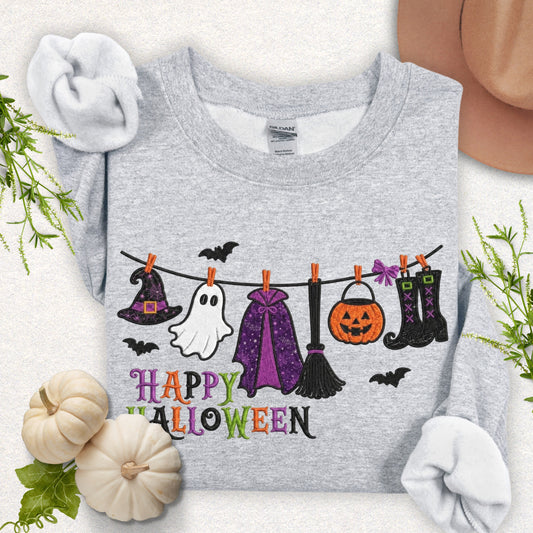 Faux Embroidery Hung Up on Halloween Sweatshirt