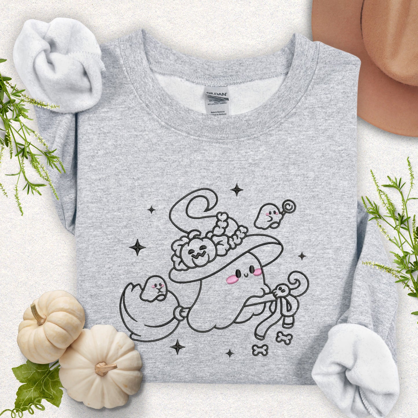 Embroidered Witchy Ghost on Broom Sweatshirt