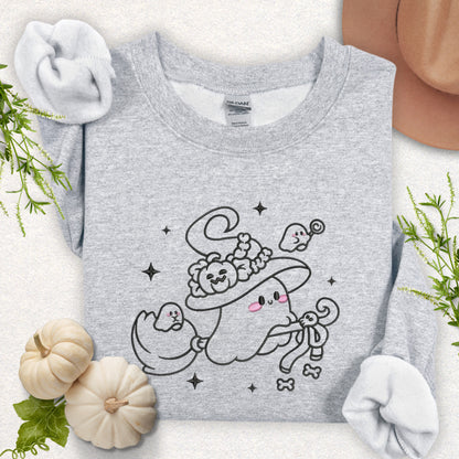 Embroidered Witchy Ghost on Broom Sweatshirt