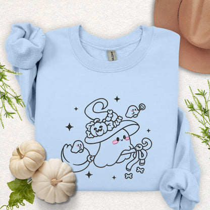 Embroidered Witchy Ghost on Broom Sweatshirt