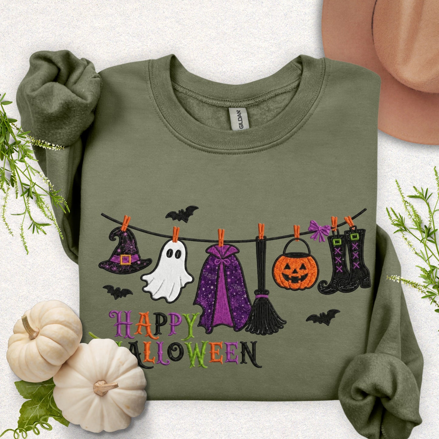 Faux Embroidery Hung Up on Halloween Sweatshirt