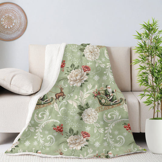 Floral Santa Sleigh Luxurious Sherpa Fleece Blanket