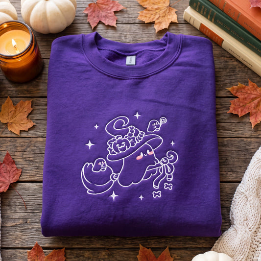 Embroidered Witchy Ghost on Broom Sweatshirt
