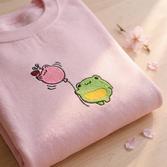 Embroidered Kawaii Frog & Snail Balloon Sweatshirt